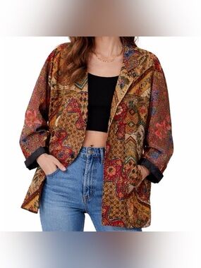 Vintage 90s OK MIKE Floral Beaded Jacket Baroque Tapestry Print Boho Relaxed OS